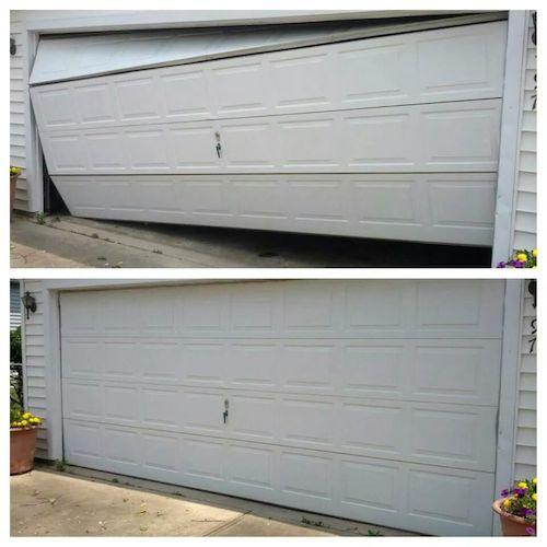 damaged garage door and repaired garage door